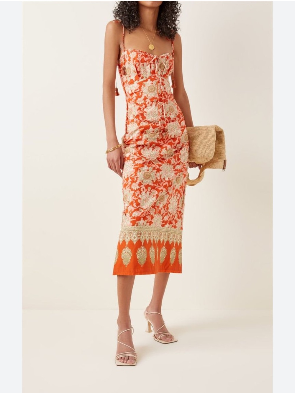 NWOT Johanna Ortiz Coral-Red Floral Tie-Strap Maxi - Picture 2 of 11